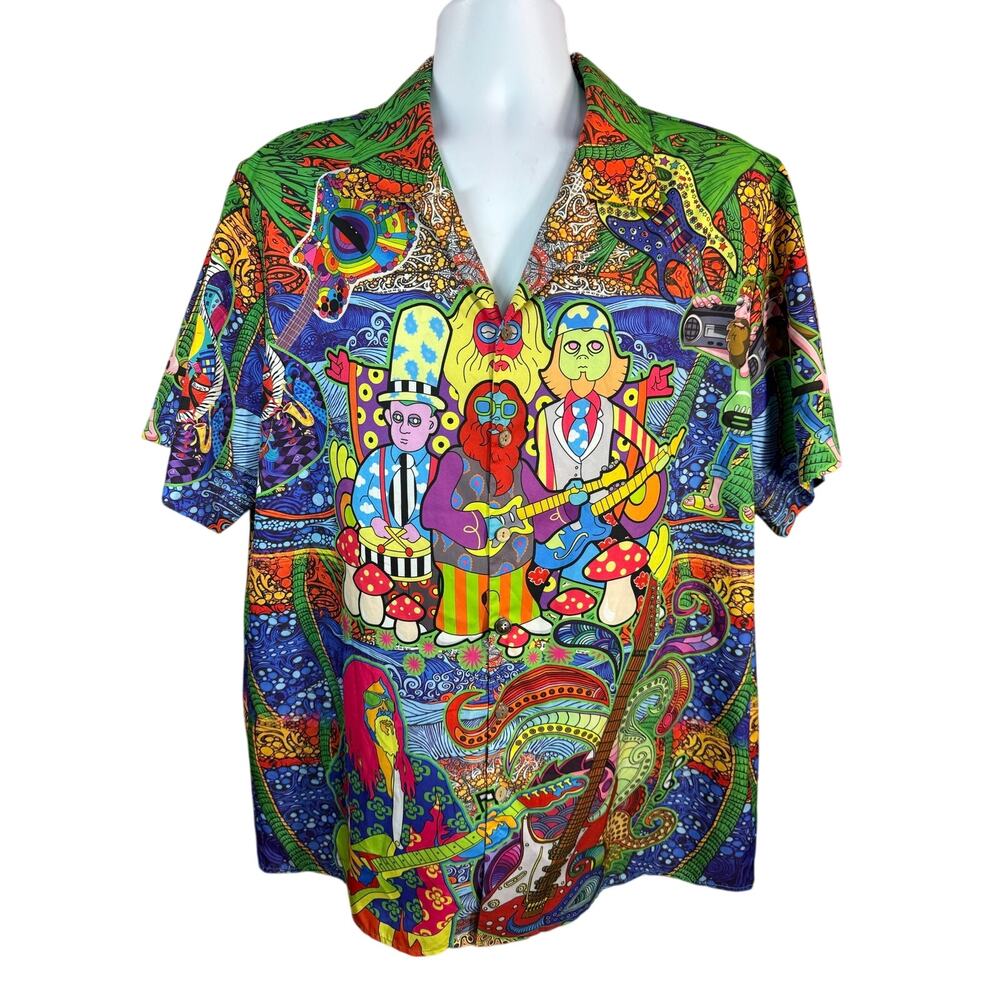 Hawalili Button Down Shirt Size XL Red Blue Groovy Rock N Roll